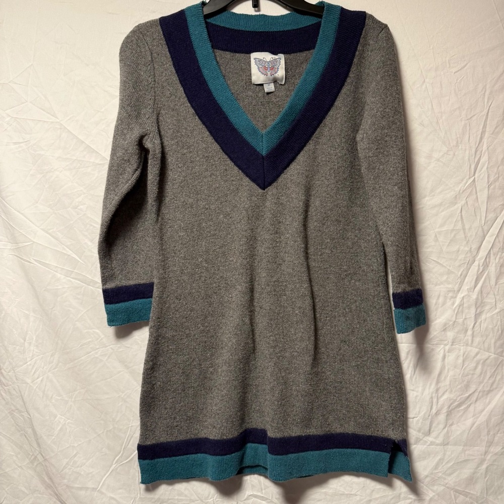 Grey Colorblock V-Neck Tunic Sweater Medium Cotton Wool Blend